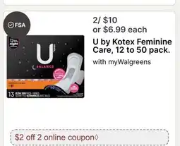 Walgreens U by Kotex Feminine Care, 12 to 50 pack offer