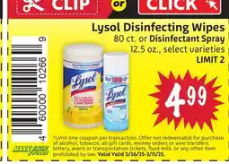 Foodmaxx Lysol Disinfecting Wipes 80 ct. or Disinfectant Spray 12.5 oz offer