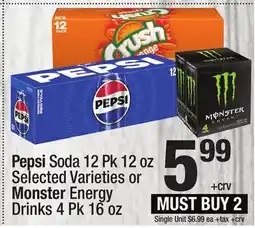 Super King Markets Pepsi Soda 12 Pk 12 oz or Monster Energy Drinks 4 Pk 16 oz offer