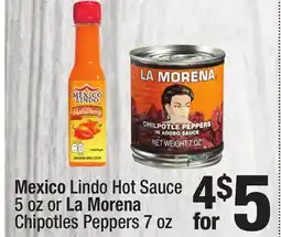 Super King Markets Mexico Lindo Hot Sauce 5 oz or La Morena Chipotles Peppers 7 oz offer