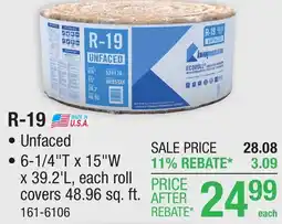 Menards R-19 EcoRoll Unfaced Fiberglass Insulation Roll 6-1/4 x 15 x 39' 2 offer