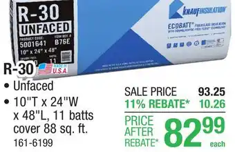 Menards R-30 EcoBatt Unfaced Fiberglass Insulation Batt 10 x 24 x 48 offer