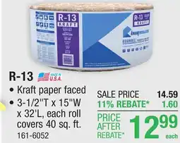 Menards R-13 EcoRoll Kraft Faced Fiberglass Insulation Roll 3-1/2 x 15 x 32' offer