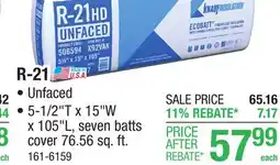 Menards R-21 EcoBatt Unfaced Fiberglass Insulation Batt 5-1/2 x 15 x 105 offer