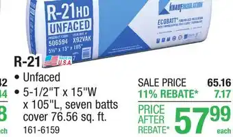 Menards R-21 EcoBatt Unfaced Fiberglass Insulation Batt 5-1/2 x 15 x 105 offer