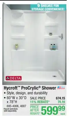 Menards Delta Hycroft ProCrylic 60W x 30D x 78H White Shower with Left Drain (4-Piece) offer