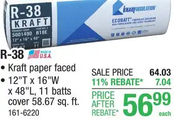 Menards R-38 EcoBatt Kraft Faced Fiberglass Insulation Batt 12 x 16 x 48 offer