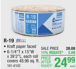 Menards R-19 EcoRoll Kraft Faced Fiberglass Insulation Roll 6-1/4 x 15 x 39' 2 offer