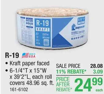 Menards R-19 EcoRoll Kraft Faced Fiberglass Insulation Roll 6-1/4 x 15 x 39' 2 offer