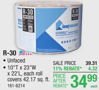 Menards R-30 EcoRoll Unfaced Fiberglass Insulation Roll 10 x 23 x 22' offer