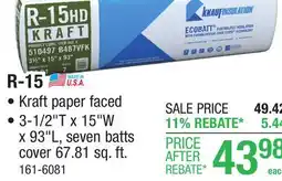 Menards R-15 EcoBatt Kraft Faced Fiberglass Insulation Batt 3-1/2 x 15 x 93 offer