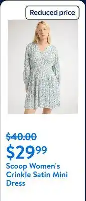 Walmart Scoop Women's and Women's Plus Crinkle Satin V-Neck Shirred Mini Dress with Long Sleeves offer