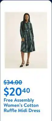 Walmart Free Assembly Women's and Women's Plus Cotton Ruffle Midi Dress with Long Sleeves offer