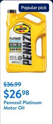 Walmart Pennzoil Platinum Full Synthetic 0W-20 Motor Oil offer