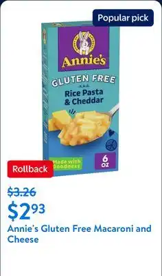 Walmart Annie's Gluten Free Macaroni and Cheese, Rice Pasta and Cheddar offer