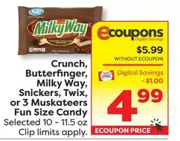 Weis Markets Crunch, Butterfinger, Milky Way, Snickers, Twix, or 3 Muskateers Fun Size Candy offer