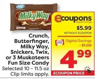 Weis Markets Crunch, Butterfinger, Milky Way, Snickers, Twix, or 3 Muskateers Fun Size Candy offer