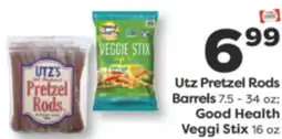 Weis Markets Utz Pretzel Rods Barrels 7.5-34 oz Good Health Veggi Stix 16 oz offer