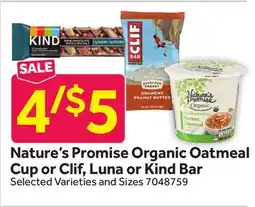 Stop&Shop Nature's Promise Organic Oatmeal Cup or Clif, Luna or Kind Bar offer