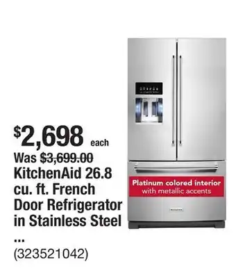 The Home Depot KitchenAid 26.8 cu. ft. French Door Refrigerator in Stainless Steel with PrintShield Finish offer