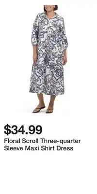 TJ Maxx Floral Scroll Three-quarter Sleeve Maxi Shirt Dress offer