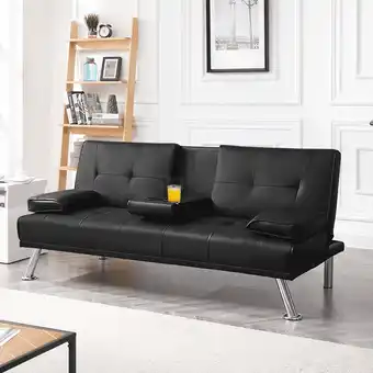 Walmart Renwick LuxuryGoods Modern Faux Leather Futon with Cupholders and Pillows, Black offer