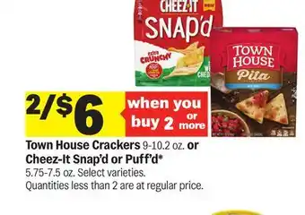 Meijer Town House Crackers 9-10.2 oz. or Cheez-It Snap'd or Puff'd* 5.75-7.5 oz offer