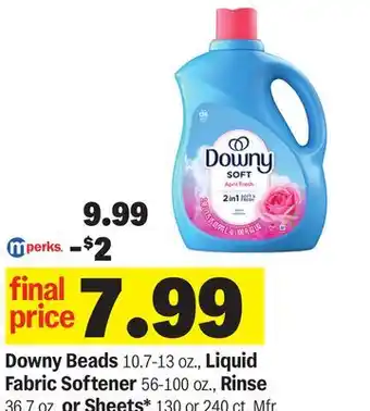 Meijer Downy Beads 10.7-13 oz., Liquid Fabric Softener 56-100 oz., Rinse 36.7 oz. or Sheets 130 or 240 ct offer