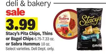 Meijer Stacy's Pita Chips, Thins or Bagel Chips 6.75-7.33 oz. or Sabra Hummus 10 oz offer