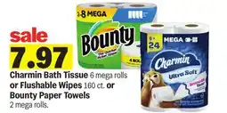 Meijer Charmin Bath Tissue 6 mega rolls or Flushable Wipes 160 ct. or Bounty Paper Towels 2 mega rolls offer