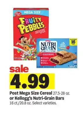 Meijer Post Mega Size Cereal 27.5-28 oz. or Kellogg's Nutri-Grain Bars 16 ct./20.8 oz offer