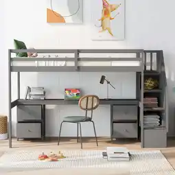 Walmart EUROCO Twin Loft Bed with Desk and Drawers, Moveable Staircase for Kids Teens Adults, Gray offer