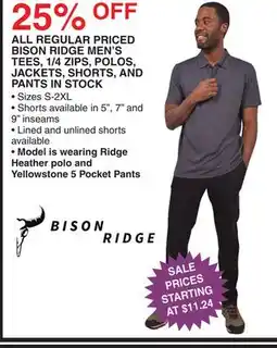 Dunham's Sports BISON RIDGE MEN'S TEES, 1/4 ZIPS, POLOS, JACKETS, SHORTS, AND PANTS IN STOCK offer