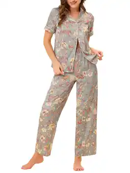 Walmart cheibear Women's Silk Floral Satin Short Sleeves Top and Pants Pajama Set XS Grey offer