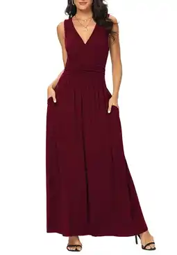 Walmart Asklazy Women Sleeveless Deep V Neck Loose Plain Long Maxi Casual Dress,US Size,L,Wine Red offer