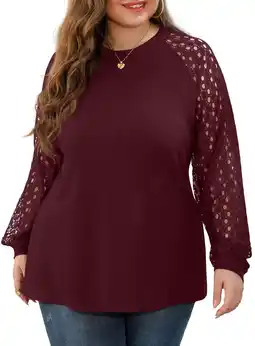 Walmart JWD Plus Size Tops For Women Lace Sleeve Blouse Waffle Knit Long Sleeve Shirts Wine Red-3X offer