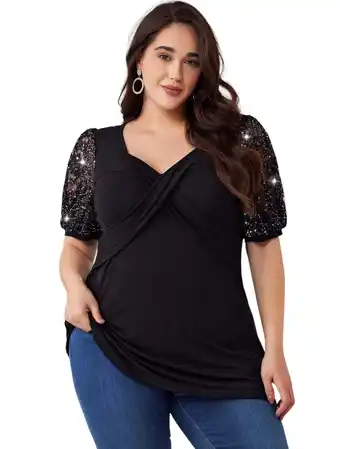 Walmart LapaPlus Summer Plus Size Tops for Women Sequins Lantern Short Sleeve Criss-Cross Pullover Blouse offer