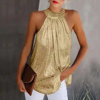 Walmart Paiwinds Women Summer Solid Sequined Sleeveless Casual Halter Top Tank Shirt Vest Gold XL offer