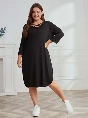 Walmart Women Plus Size Dress Soft V Neck Short Sleeve Dress with Elastic Fashion Oversize Short Dress Black offer