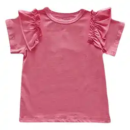 Walmart Girls T-Shirt Ruffle Short Sleeve Shirts Summer Cute Crewneck Blouse Tops Hot Pink 5-6 Years offer