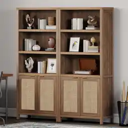 Walmart Sanspredet 5-Shelf Bookcase with Doors, 5 Tier Rattan Bookshelf with Storage Cabinet, Oak, Setof 2 offer