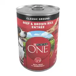 Walmart Purina ONE Natural Wet Dog Food, High Protein Soft Beef & Brown Rice Barley, 13 oz Cans (12 Pack) offer