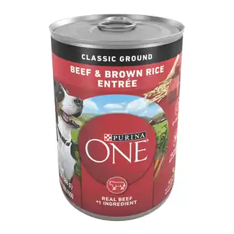 Walmart Purina ONE Natural Wet Dog Food, High Protein Soft Beef & Brown Rice Barley, 13 oz Cans (12 Pack) offer