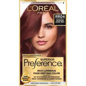 Walmart L'Oreal Paris Superior Preference Permanent Hair Color, Fade-Defying, RR-04 Intense Dark Red, 1 Kit offer