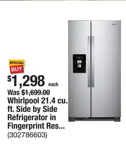 The Home Depot Whirlpool 21.4 cu. ft. Side by Side Refrigerator in Fingerprint Resistant Stainless Steel offer