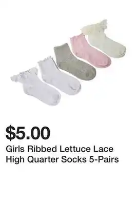 Five Below Girls Ribbed Lettuce Lace High Quarter Socks 5-Pairs offer