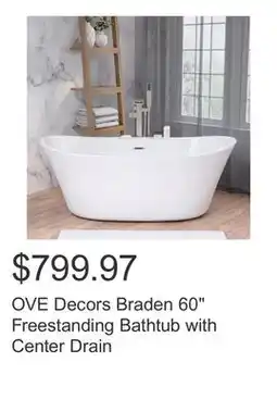 Costco OVE Decors Braden 60 Freestanding Bathtub with Center Drain offer