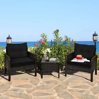 Walmart Gymax 3PCS Rattan Patio Conversation Furniture Set Yard Outdoor w/ Black Cushions offer