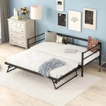 Walmart Euroco Modern Metal Twin Platform Bed,Convertible Daybed with Pop up Trundle for Extra Storage,Black offer