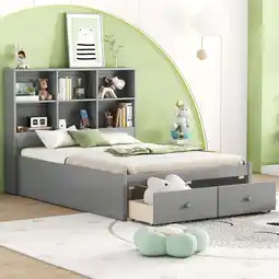 Walmart Euroco Wood Full Platform Bed with Storage Headboard, Drawers and USB Charging Station for Kids,Gray offer